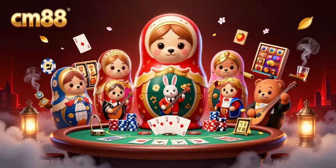 Experience excitement with cm88, featuring playful 3D bears and a vibrant casino atmosphere.
