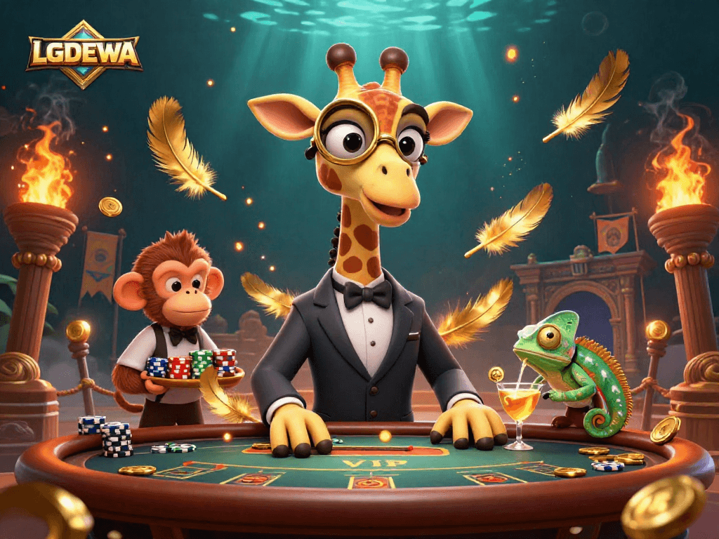 Experience thrilling gameplay with LGODEWA in this vibrant casino scene featuring entertaining characters.
