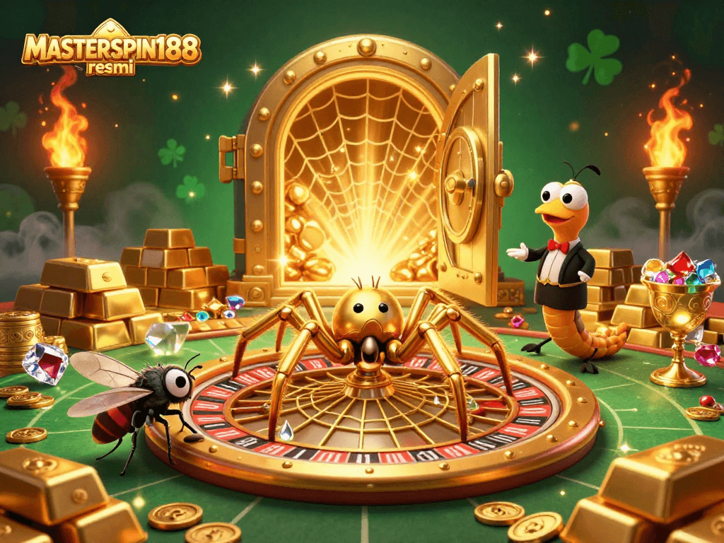 Engage in vibrant casino fun with MASTERSPIN188 resmi, a 3D animated scene of a golden spider roulette spinning bets.