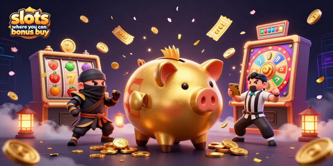 Vibrant illustration of a golden piggy bank sumo wrestler interacting with a wallet-ninja, showcasing slots where you can bonus buy