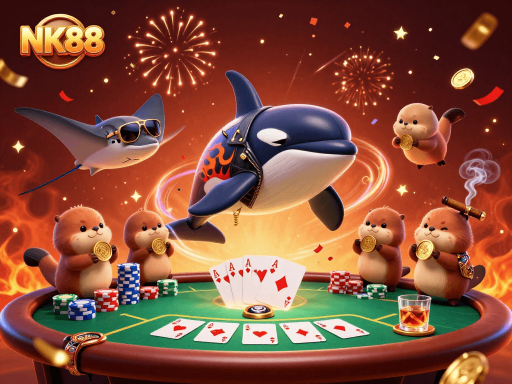 Play exciting games at NK88 with an engaging scene featuring cartoon sea creatures and poker elements.