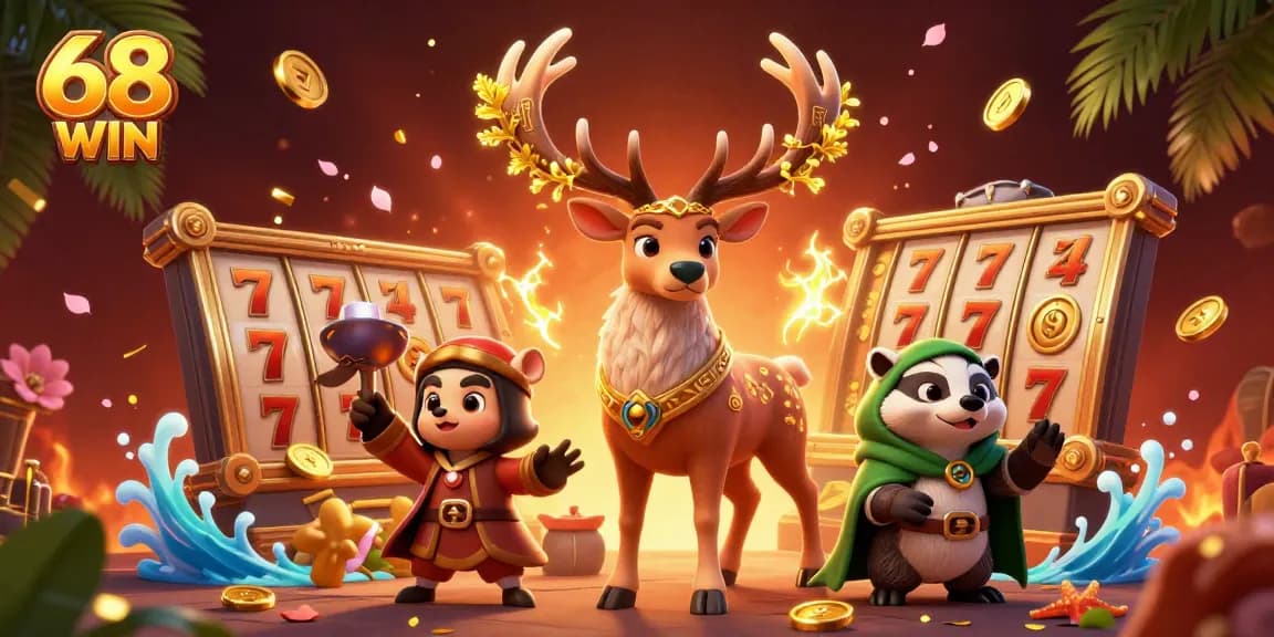 Experience thrilling gameplay with 68 WIN, featuring vibrant slot reels and mythical characters.