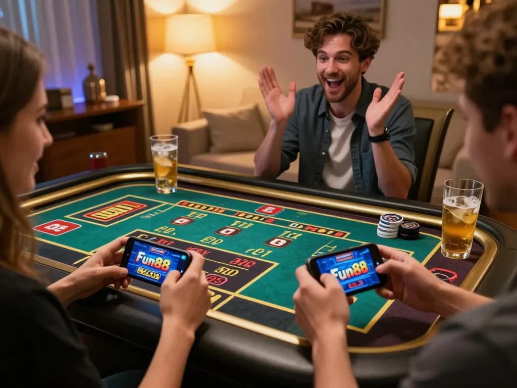fun88 online gaming session with a player engaging in live betting on smartphone in a cozy home