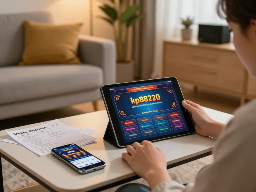 Online gaming experience on kp88220 with tablet in a cozy living room setup.
