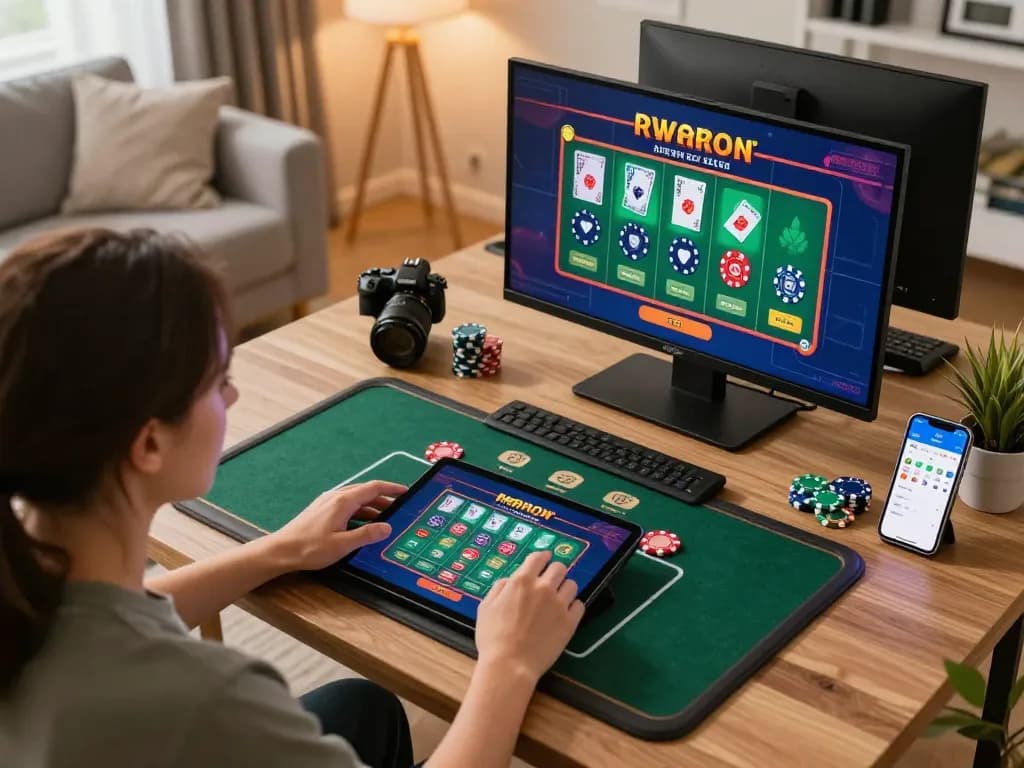 Player enjoying online casino games on a tablet, featuring j188 live dealer interface, cozy home setting highlights responsible gaming.