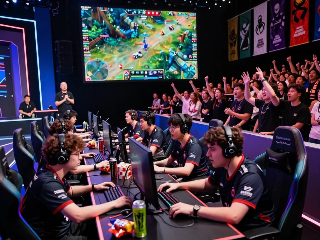 Exciting esports tournament scene showcasing nổ hũ hubet88 with players, audience, and vibrant stage lighting.
