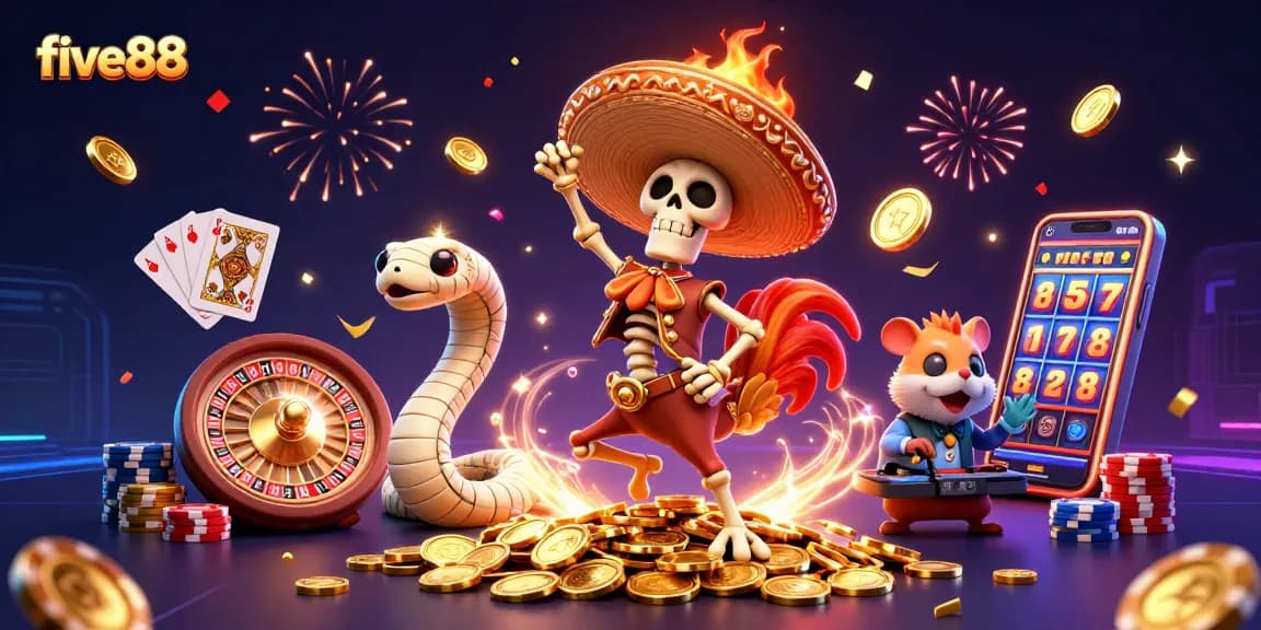 Experience the excitement of five88 with a dynamic 3D casino scene featuring vibrant characters and casino elements.