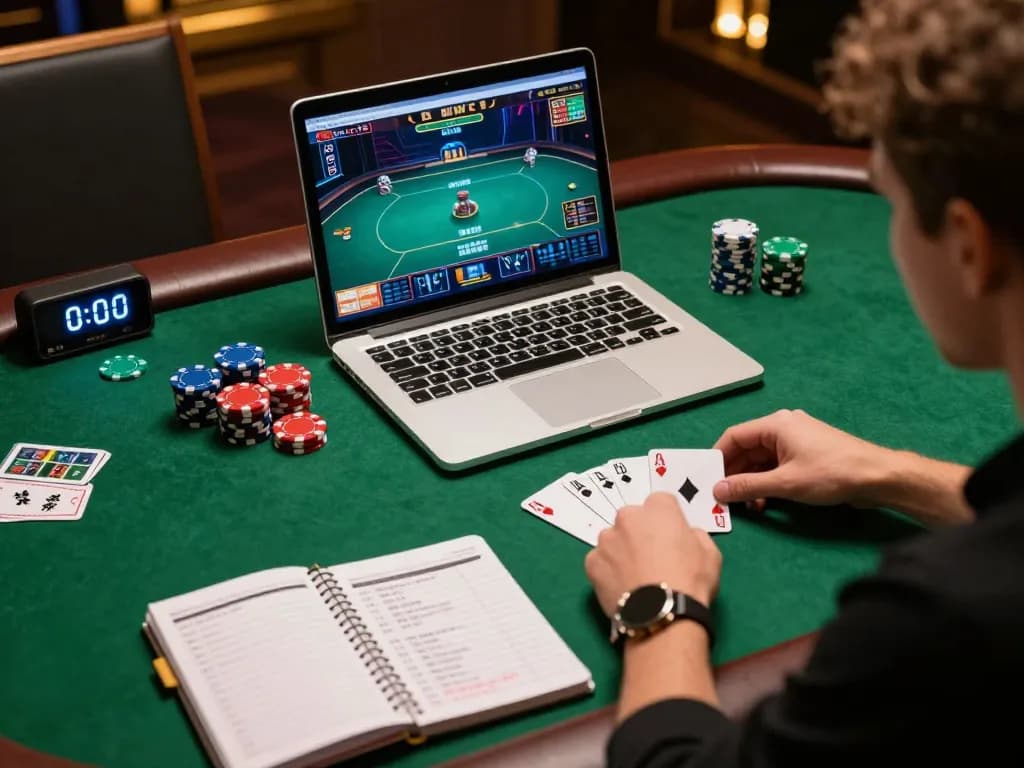 Engaging player at home using god55vn for online poker game, emphasizing responsible gambling.