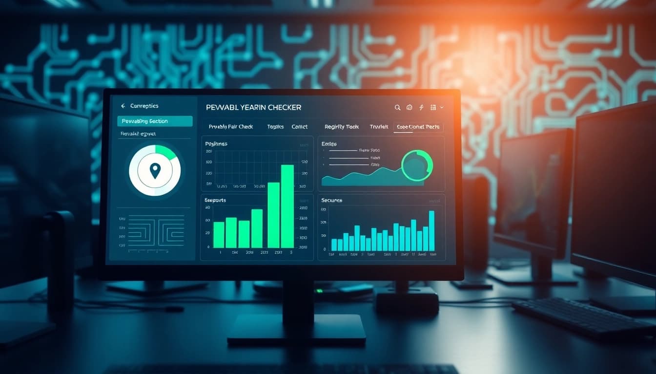Showcase of a Provably Fair Checker tool, highlighting key metrics and a modern digital dashboard interface.