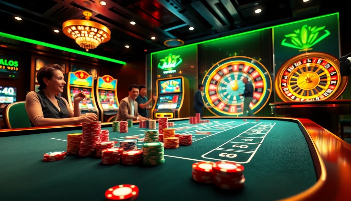 A lively scene of players enjoying poker and slots at ALO 789 casino, showcasing excitement and engagement in online gambling.