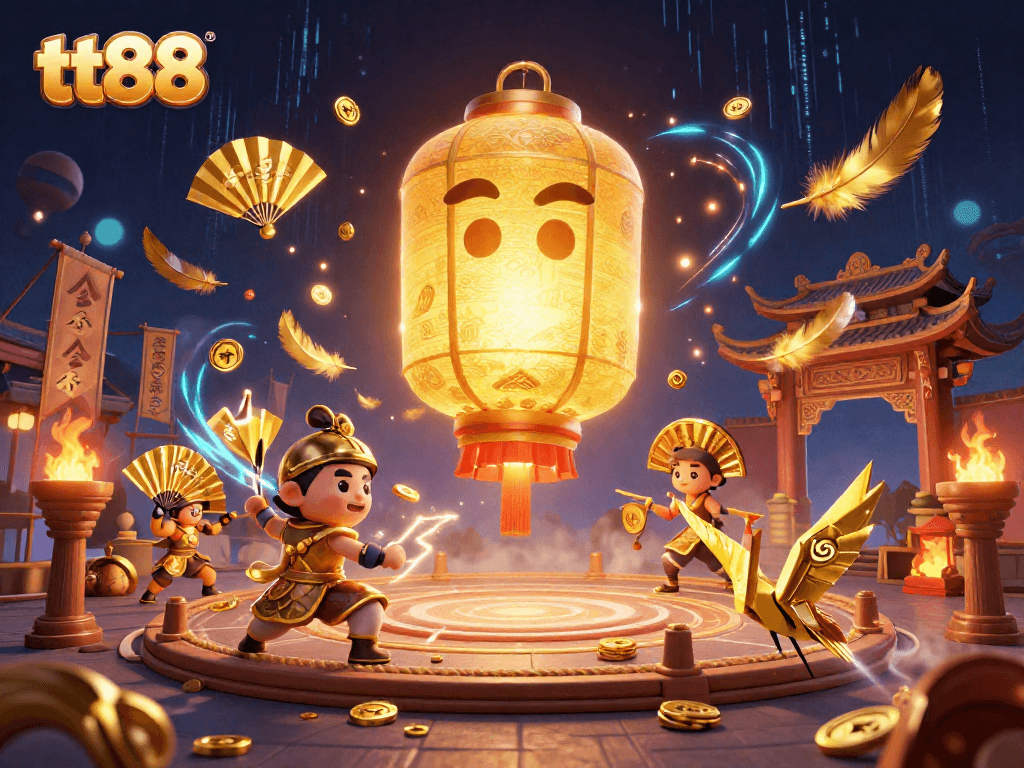Engage with thrilling tt88 casino action featuring a glowing lantern spirit and dynamic warriors.