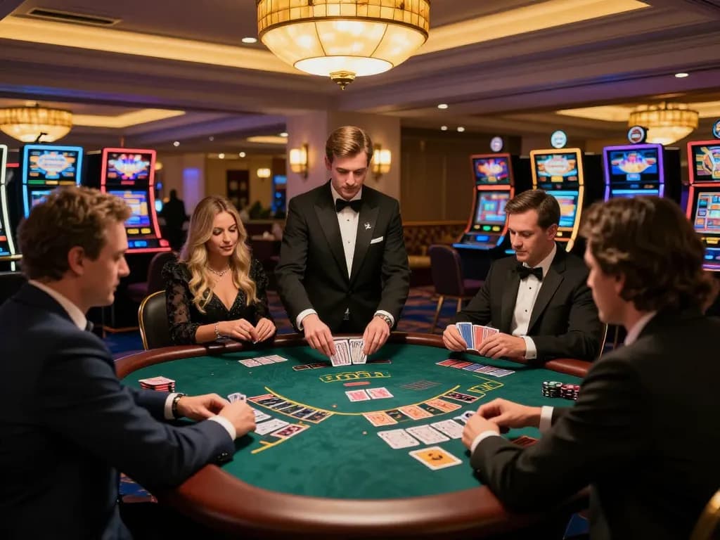 Players engaging in a thrilling game of blackjack in a luxurious casino setting, highlighting j88 strategies.