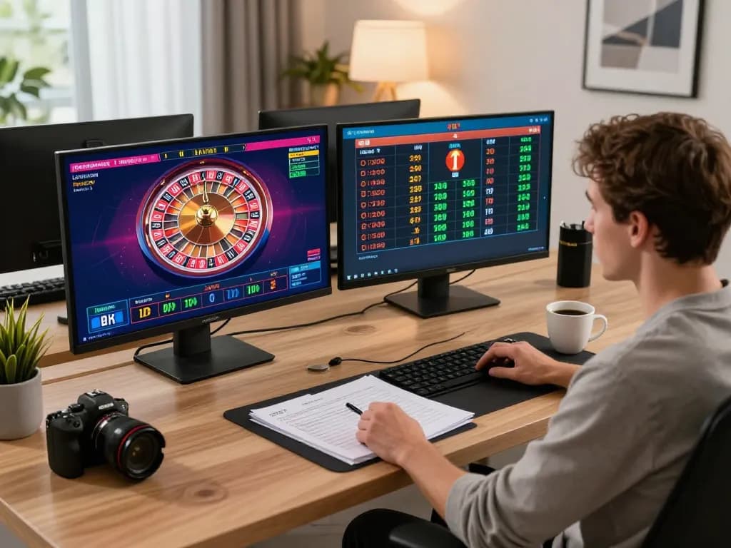 Person engaging in online gambling with tylekeo strategies at home, showcasing screens with games and odds.