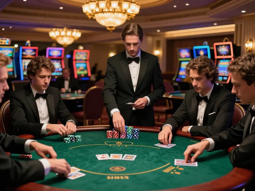 Players at OPEN88 COM poker table concentrate on their game amidst luxurious casino ambiance.