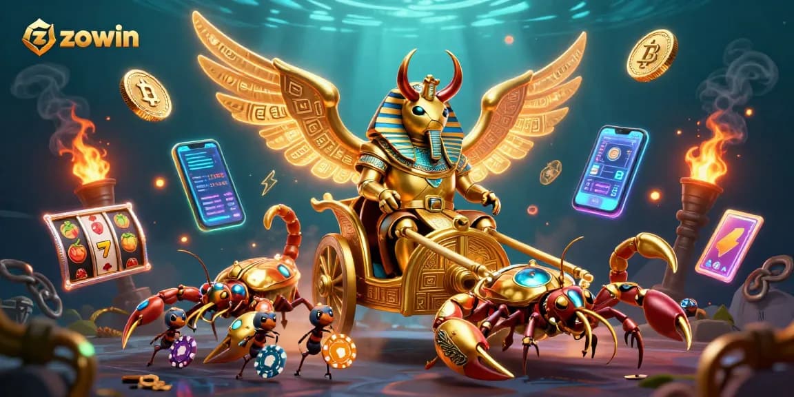 Join the excitement at zowin with poker chips and glowing crypto coins in an exhilarating casino scene.