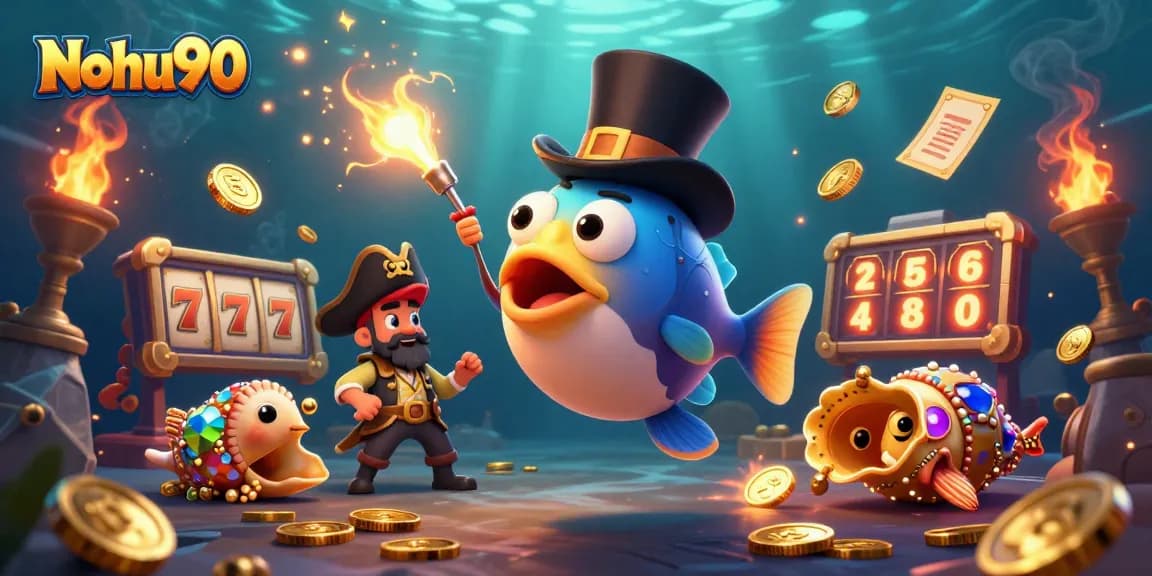 Nohu90's vibrant slot game scene with 3D characters attracting glowing coins and jackpots.