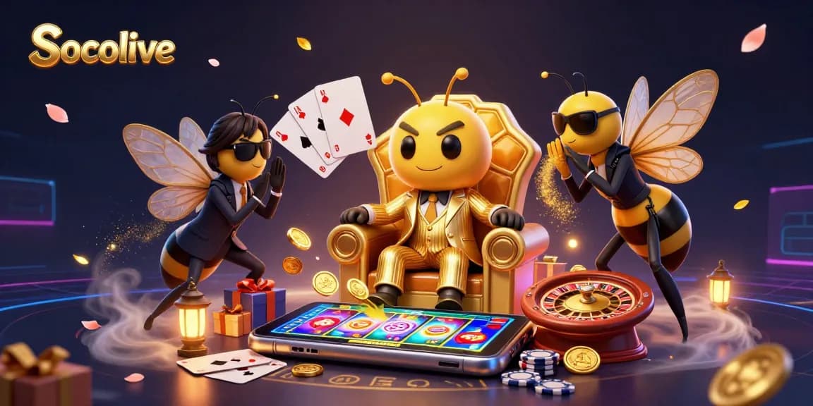 Socolive showcases a buzzing bumblebee mob boss surrounded by casino elements like slot games and poker chips.