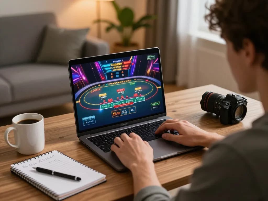 Play online casino games at home with xx88 on a laptop while planning strategies in a cozy living room