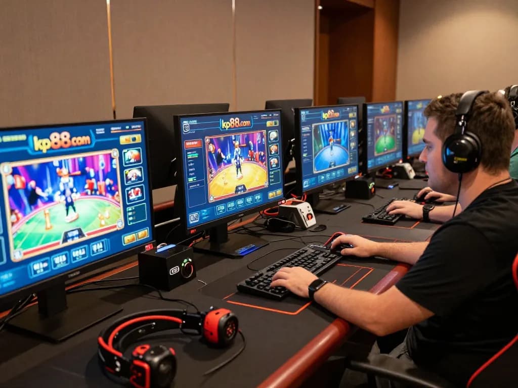 Engaging gambler exploring live dealer games on kp88.com with multiple screens showcasing vibrant casino gameplay.