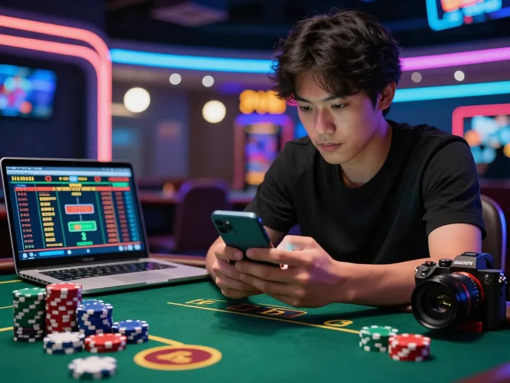 Player engaged with CWIN online gambling platform, surrounded by poker chips and betting interface.