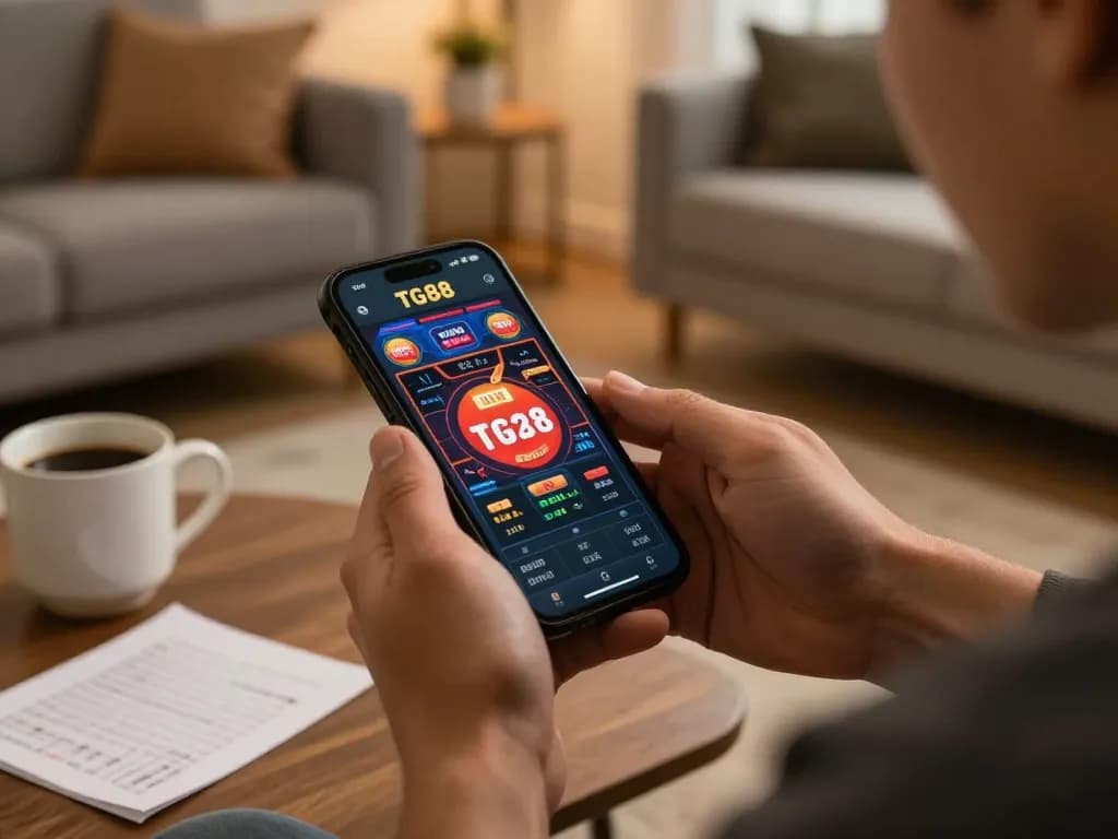 Player engaging with the TG88 casino app on smartphone in a cozy living room, showcasing online gaming excitement.
