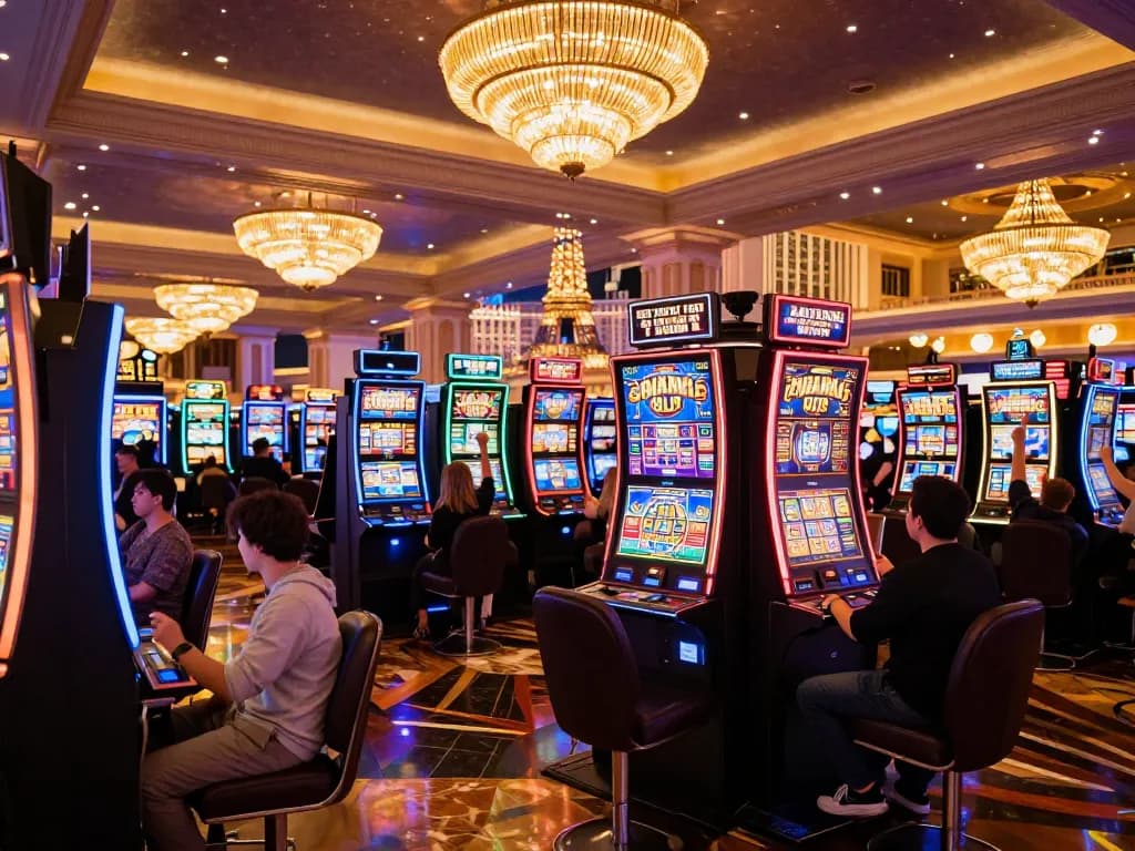 Pemain yang bersemangat menang di mesin slot Paris yang berwarna-warni dalam suasana kasino Las Vegas.