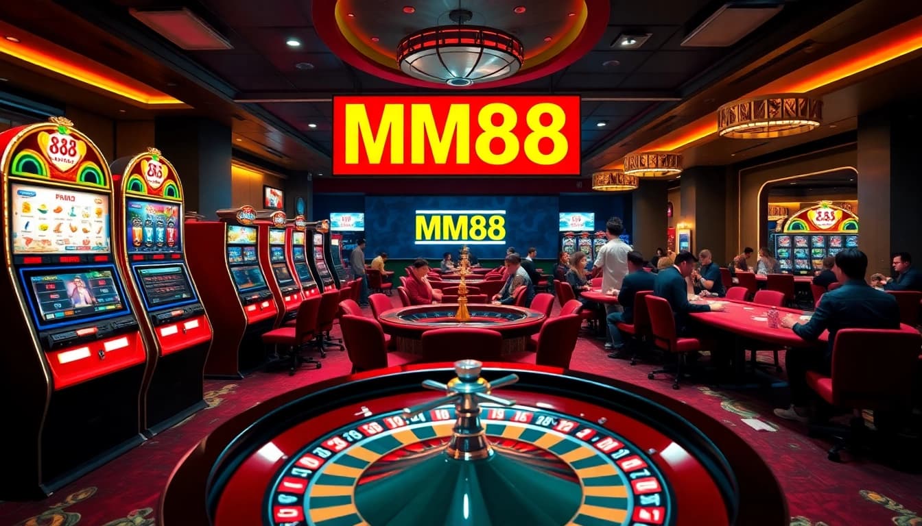 Players engaging with MM88 casino games, showcasing vibrant slot machines and a roulette wheel.