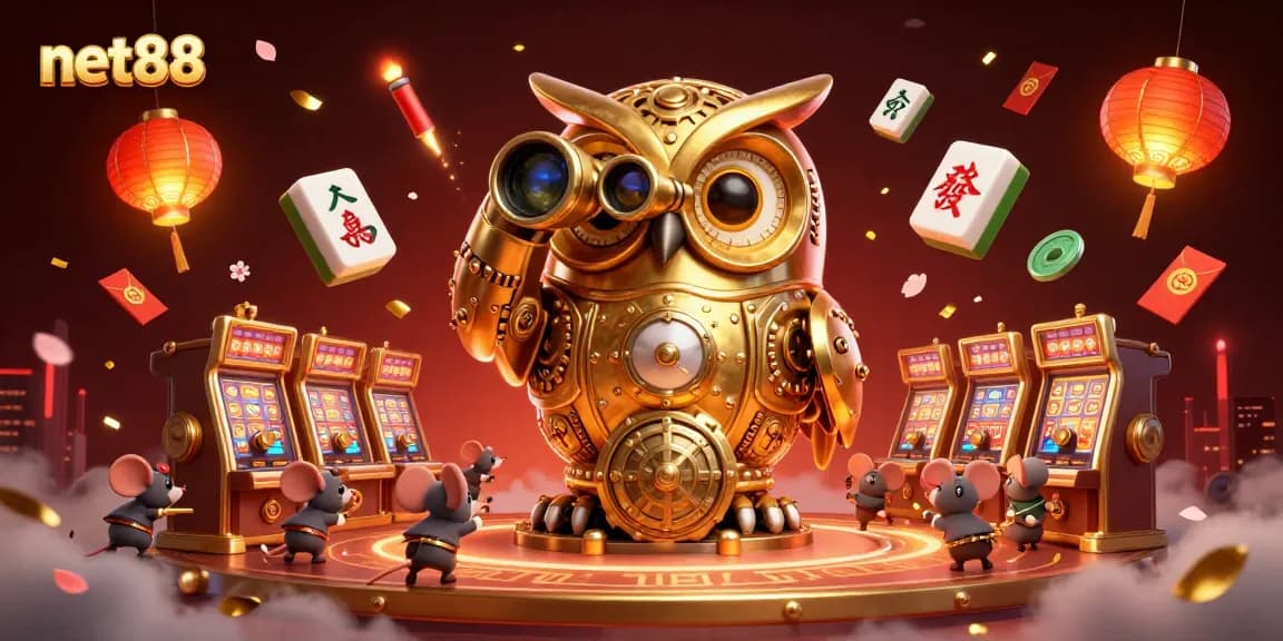 Engage with net88 through vibrant casino elements featuring a golden owl and charming mouse patrons.