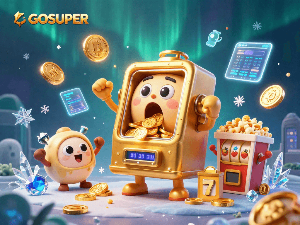 Witness LGOSUPER's golden slot machine celebrating its jackpot with coins flying and baby machines cheering in this rich casino illustration.