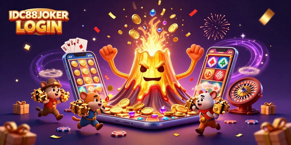 Experience the thrill of winning with IDC88JOKER LOGIN surrounded by vibrant casino elements and treasure.