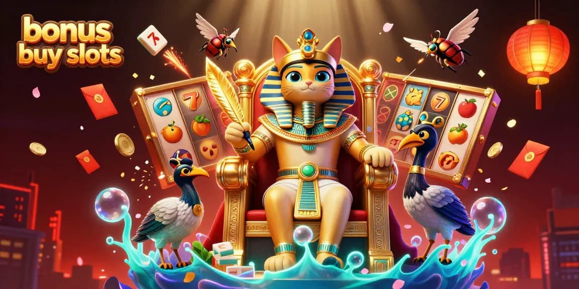 Engage with bonus buy slots in a captivating 3D illustration featuring a royal pharaoh cat and dynamic slot elements.