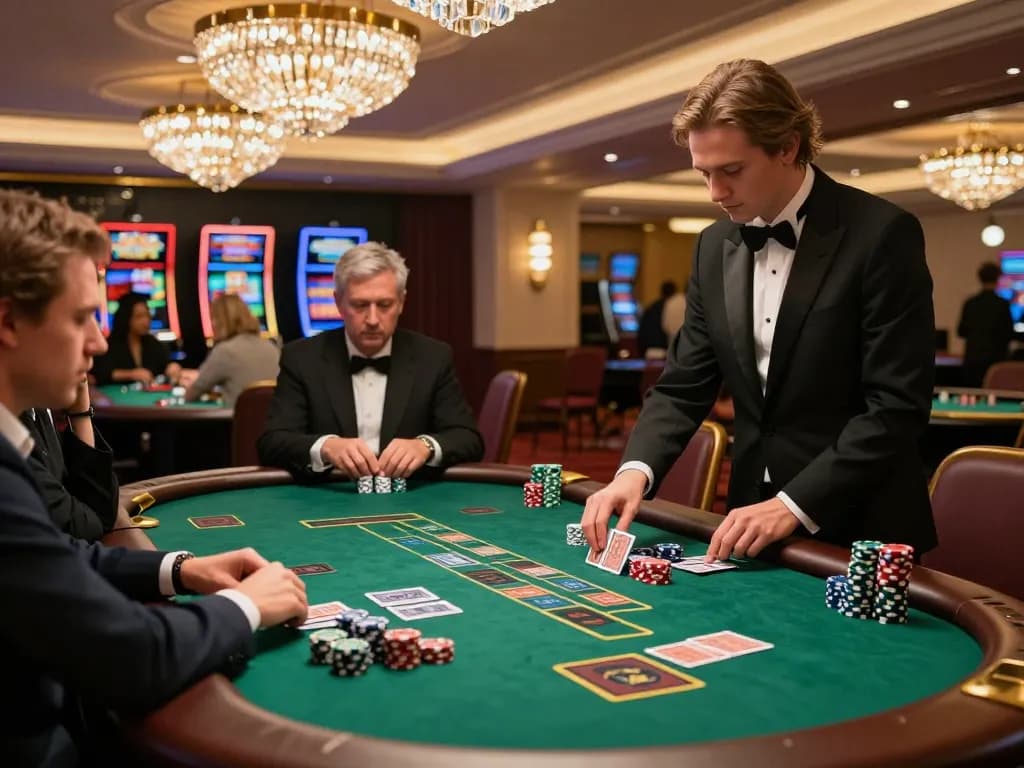 CM88 blackjack game with players strategizing bets and dealer expertly handling cards.