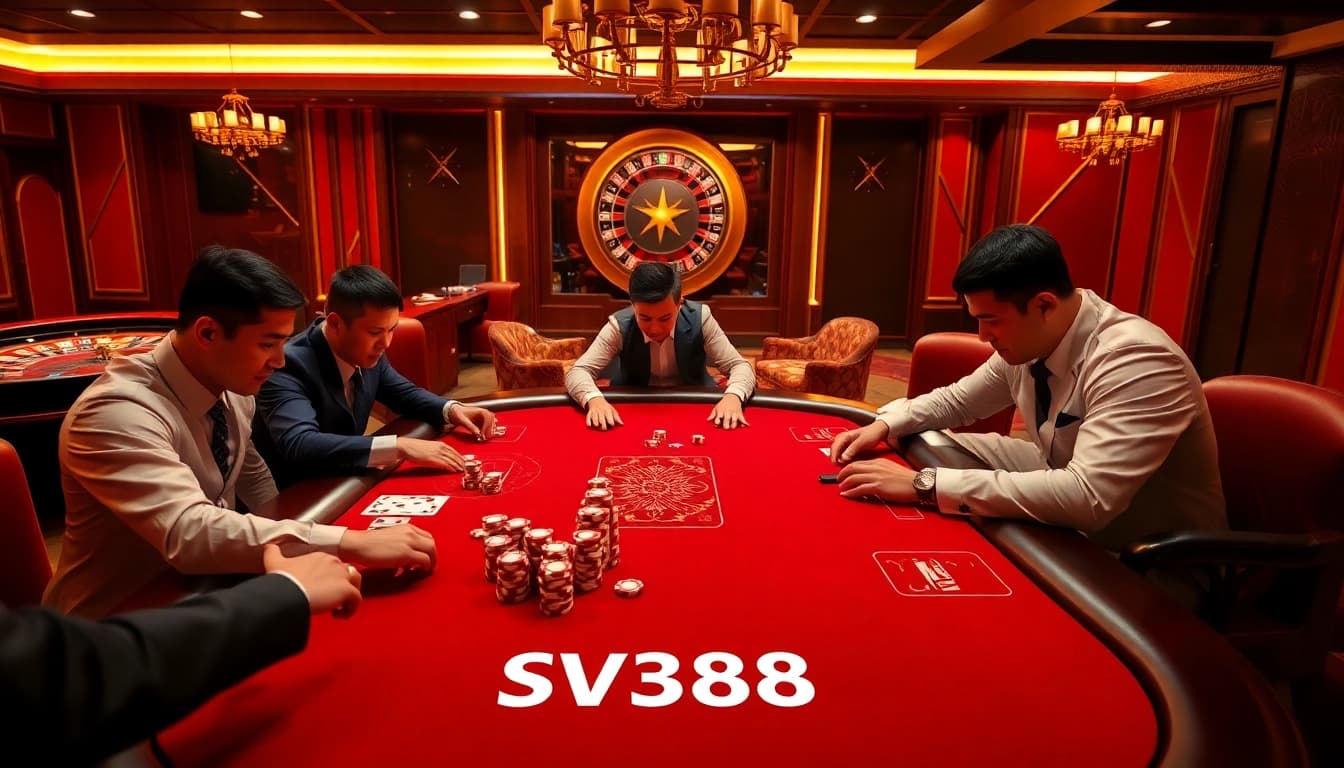 Engaging poker scene showcasing SV368 VN's luxury gambling atmosphere with vibrant chips and a roulette wheel.
