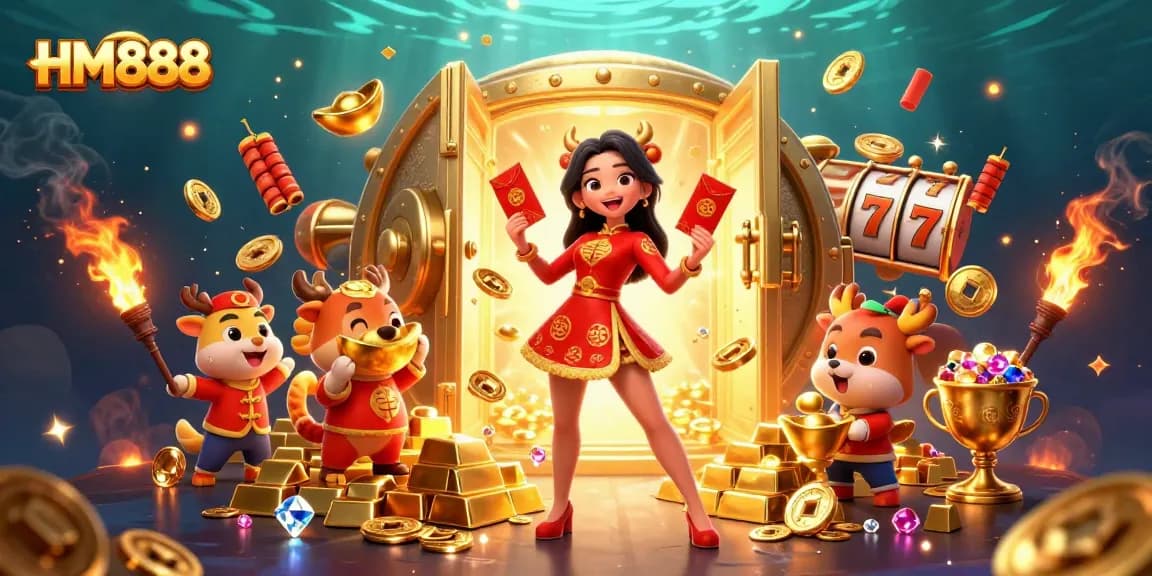 Engage in exciting slot games at HM888 with vibrantly detailed festive illustration showcasing colorful elements.