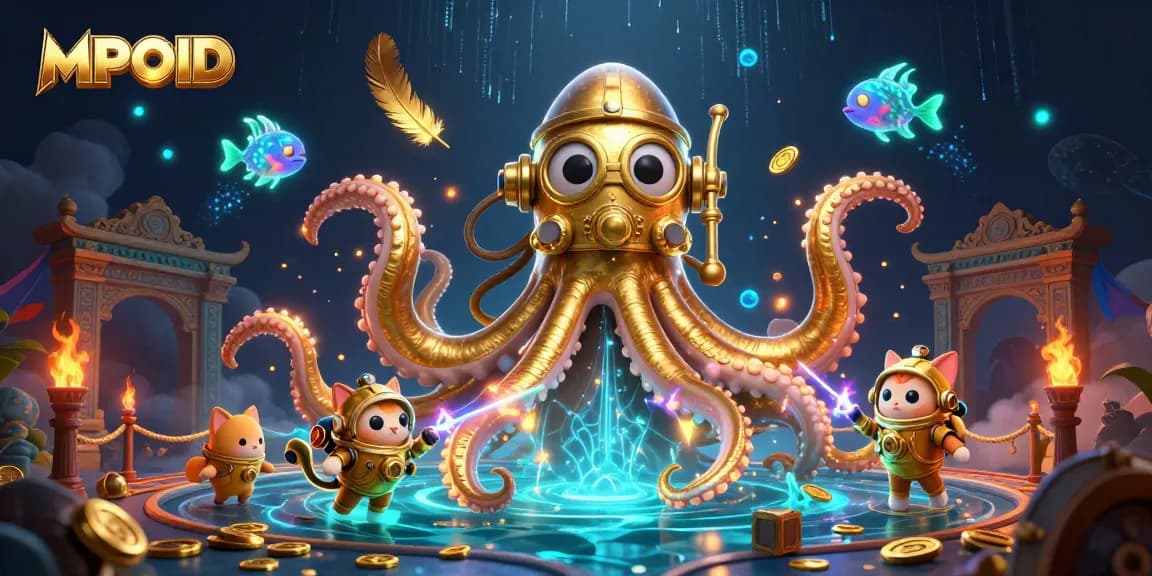 MPOID showcases thrilling oceanic adventure with kraken and diving cat in a vivid casino setting.