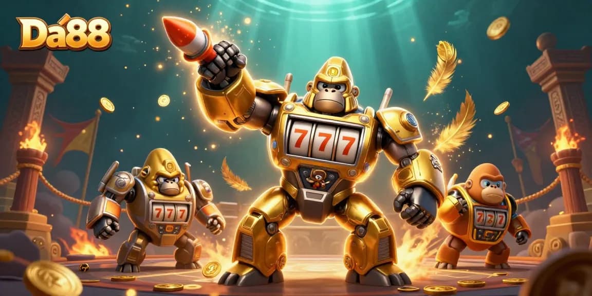 Experience Da88's excitement as the golden gorilla mech unleashes fortune in a vibrant casino arena.