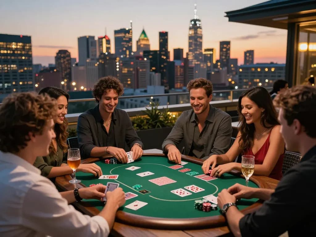 Friends enjoy an exciting poker game on a terrace, featuring tr88.com for online gaming strategies.