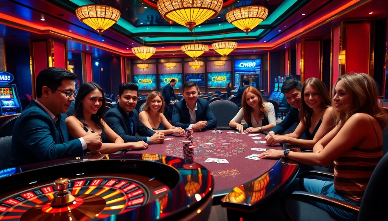 Players enjoying a luxury casino experience with CM88-themed chips and decor, capturing the thrill of gambling.