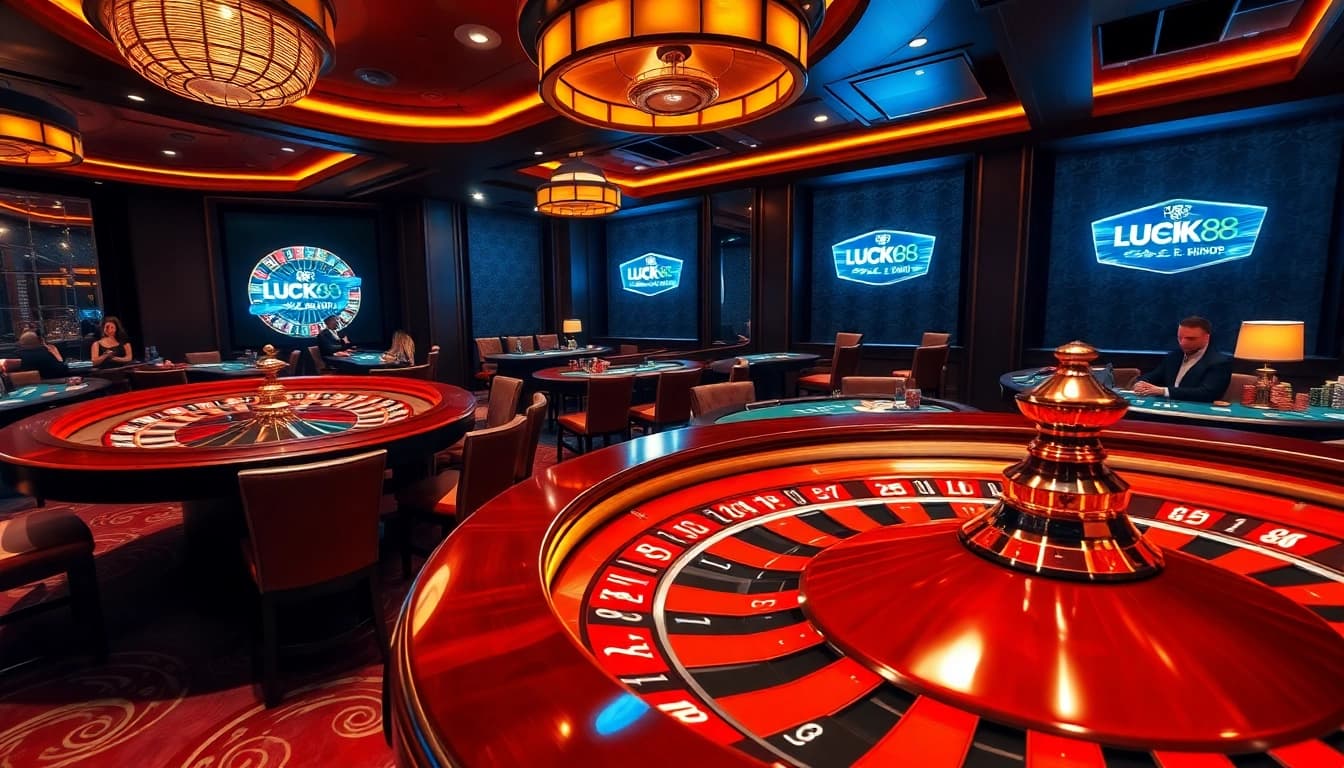 Players enjoying high-stakes casino games at LUCK8's luxurious poker table and roulette wheel.