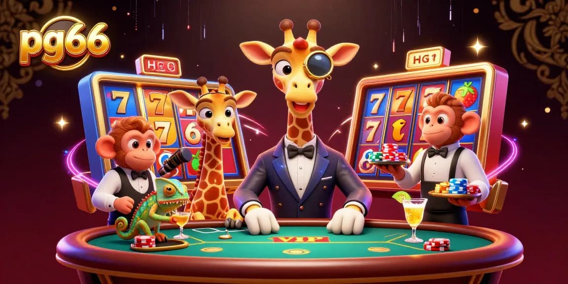 Play pg66 games with excitement as a cartoon giraffe enjoys a VIP poker table while a monkey valet carries chips.