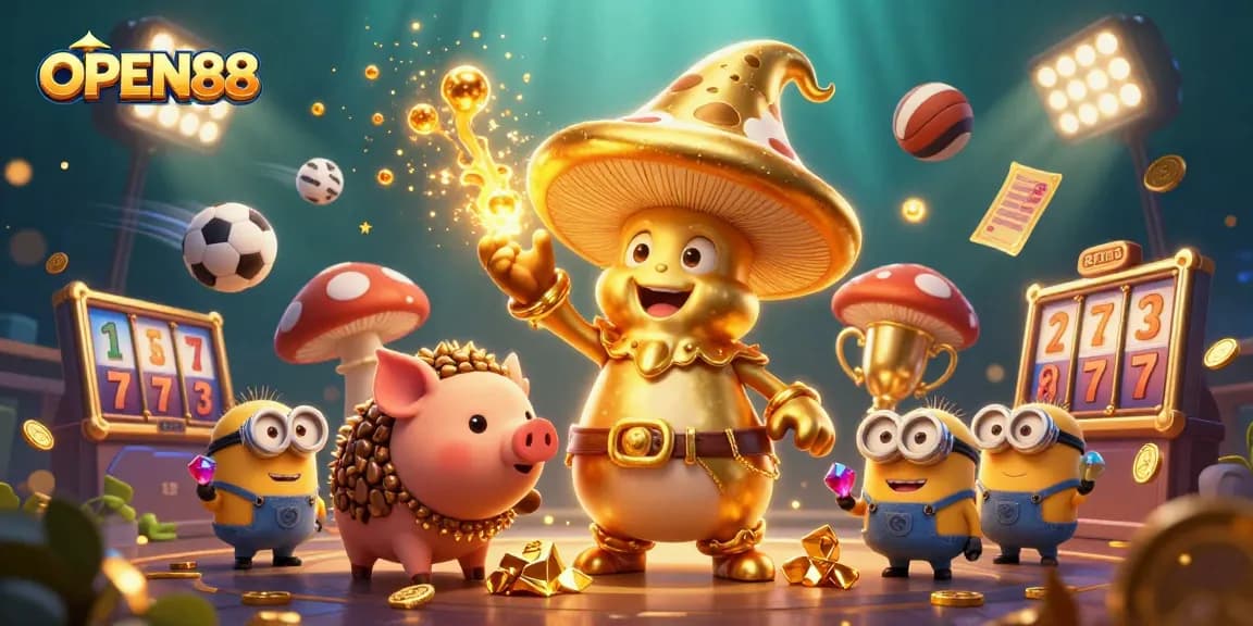 Engage with the exciting world of OPEN88, where golden treasures and vibrant games collide in this captivating illustration.