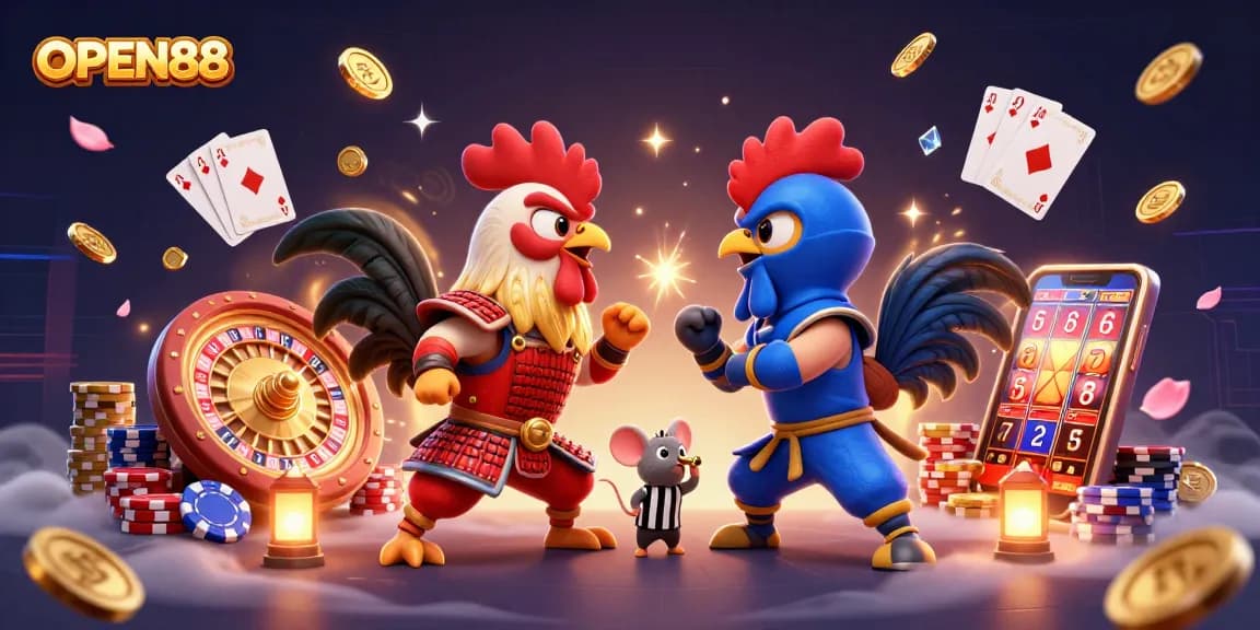 OPEN88 showcases a dynamic duel between fighting roosters amidst cascading coins and glowing elements.