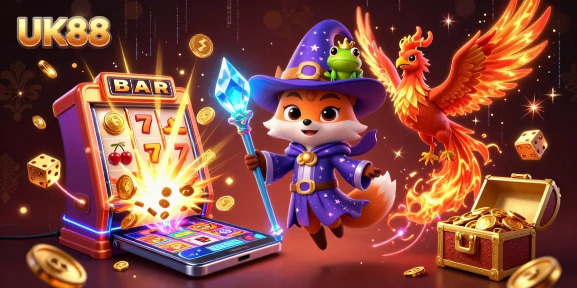 Experience UK88 as the wizard fox and phoenix soar through a vibrant casino jackpot scene.