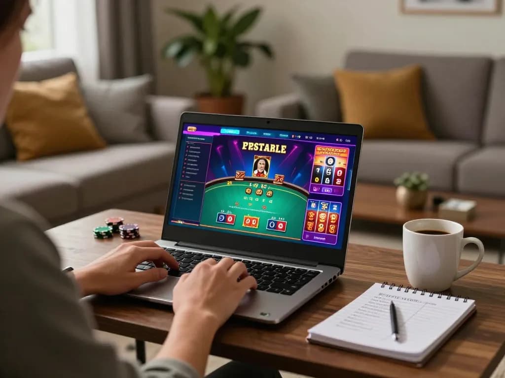 Engaging gameplay on 33winn platform with a person strategizing poker bets in a cozy home setting.