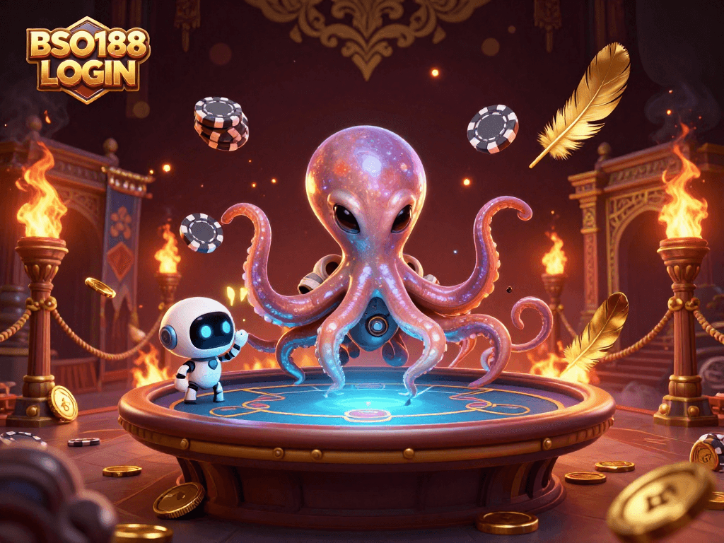 Experience BSO188 LOGIN with an alien octopus at a holographic poker table surrounded by thrilling casino elements.