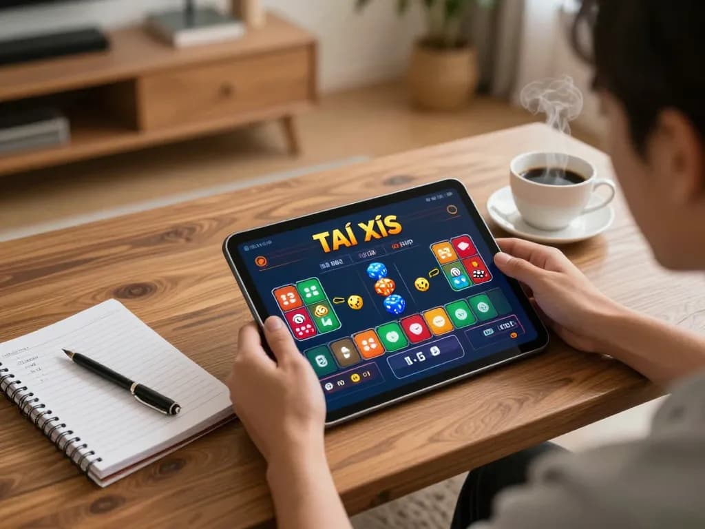 Engaged player enjoying Tài Xỉu MD5 on a tablet, surrounded by strategy notes and cozy home lighting.