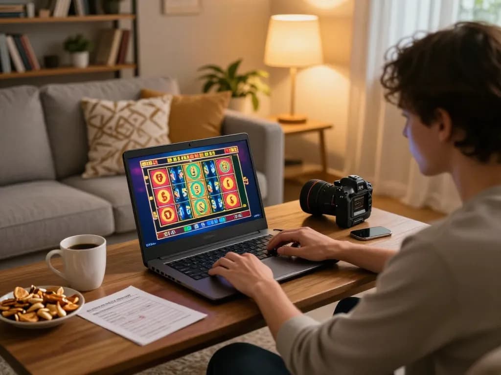 Engaging scene of a player enjoying 98win online slots, with cozy home ambiance and colorful screen displays