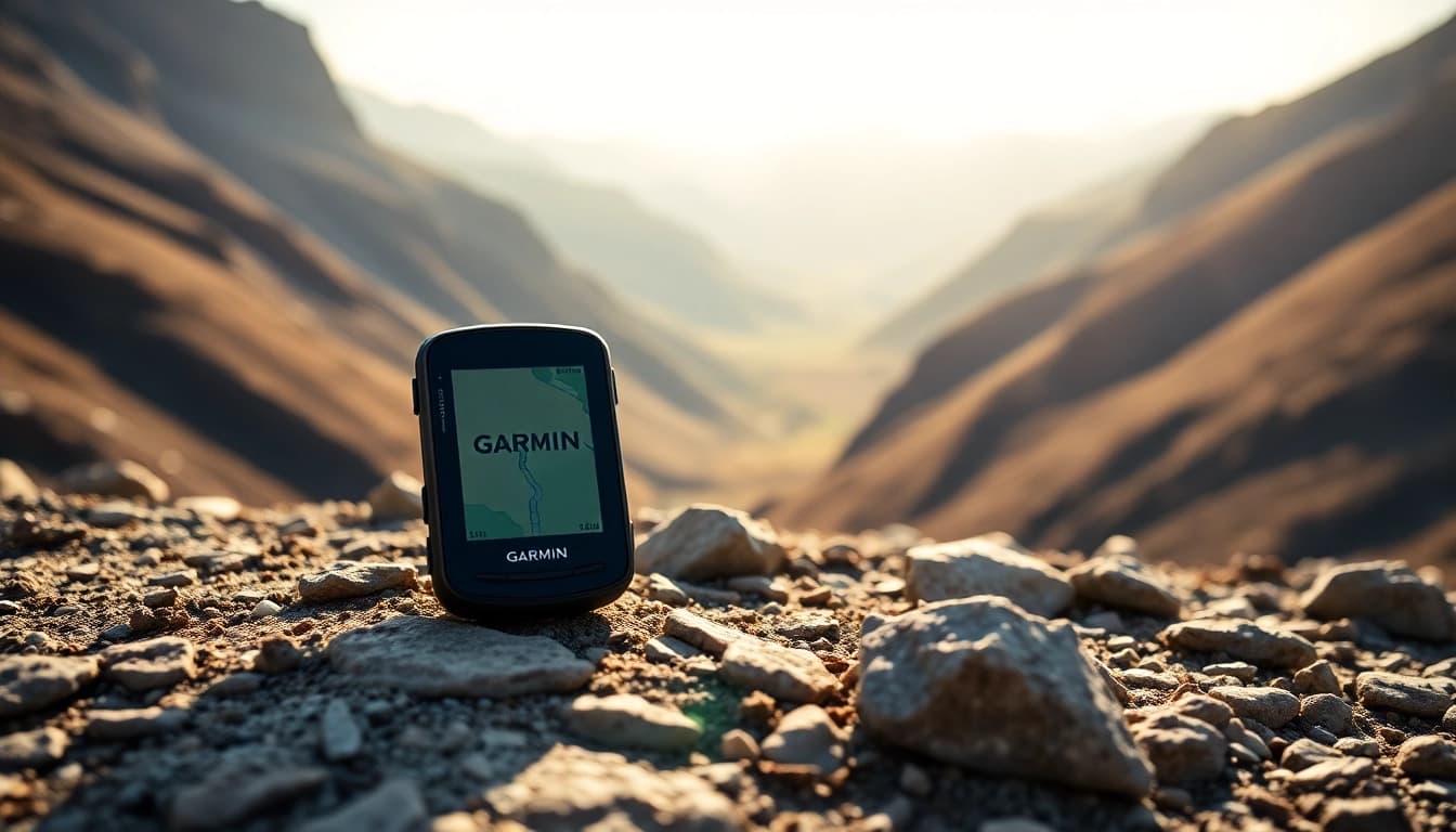 Garmin GPS device showcased in a rugged outdoor setting surrounded by breathtaking mountains.