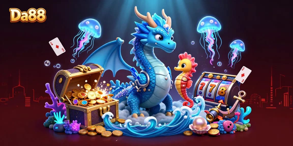 Experience the exciting world of Da88 slots with a vibrant underwater theme featuring casino elements and characters.