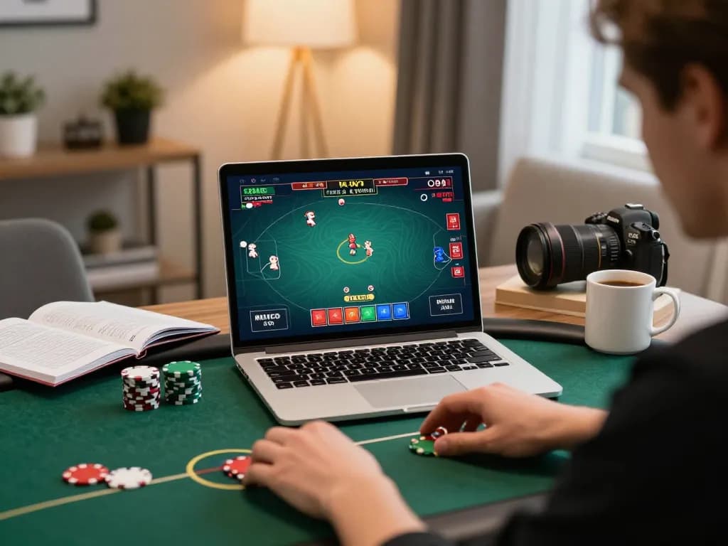 Player engaging in online poker at home, demonstrating strategic betting with rokok 88 theme.